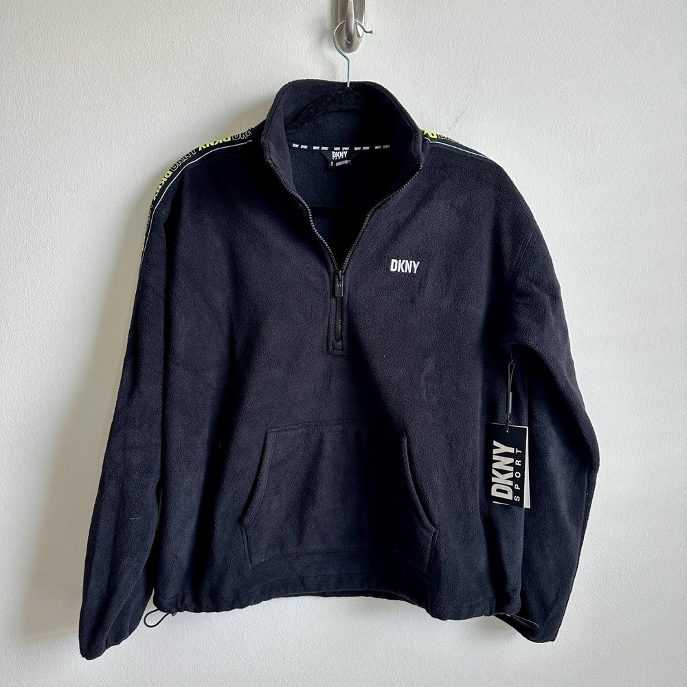 DKNY Sport Pullover Womens Small Black Fleece Half Zip Logo Trim Athletic New